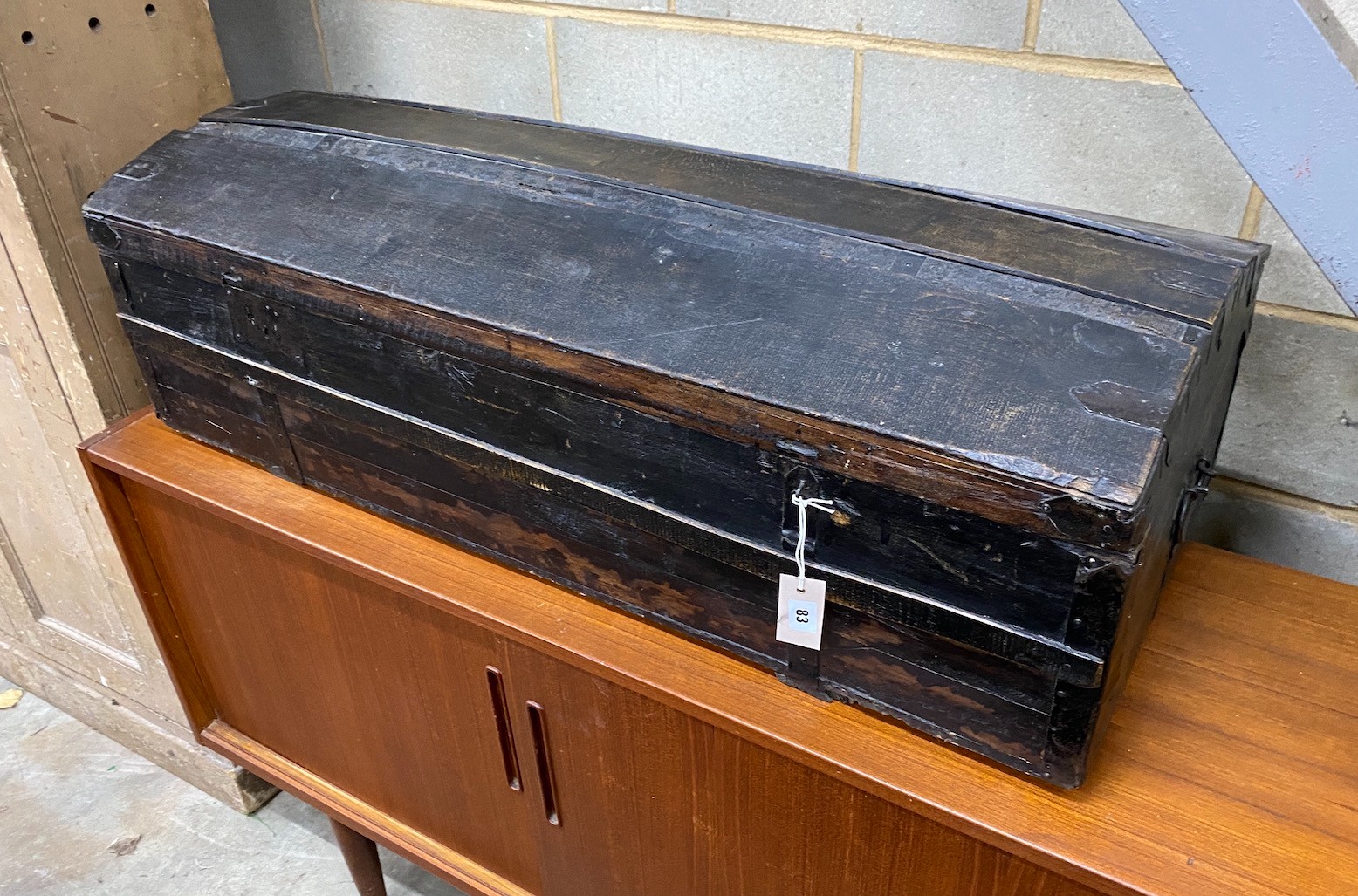 A Victorian iron bound domed top trunk, width 110cm, depth 46cm, height 34cm